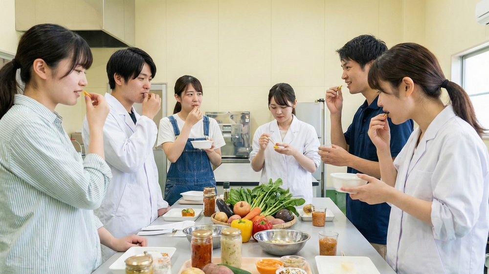 並べられた新鮮な野菜を前に、白衣を着た男女と私服の男女が一口サイズの料理を試食する様子。