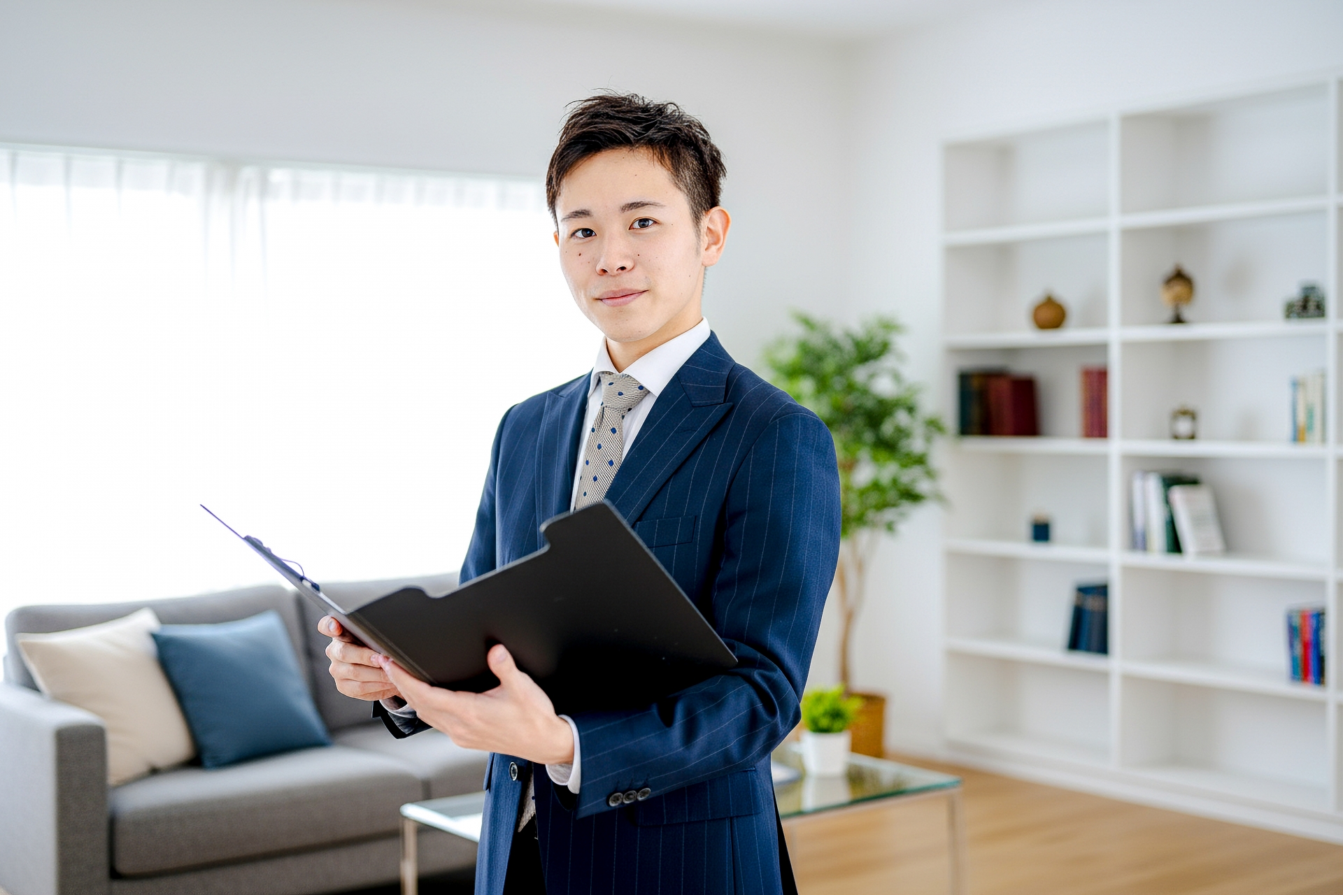 不動産査定や売却について説明する、信頼感のある男性営業担当者の様子