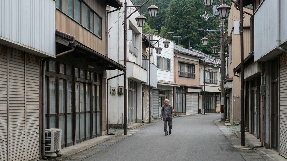 古い商店が立ち並ぶ静かな住宅街の通りを、一人でゆっくりと手前に向かって歩いてくる高齢の男性。