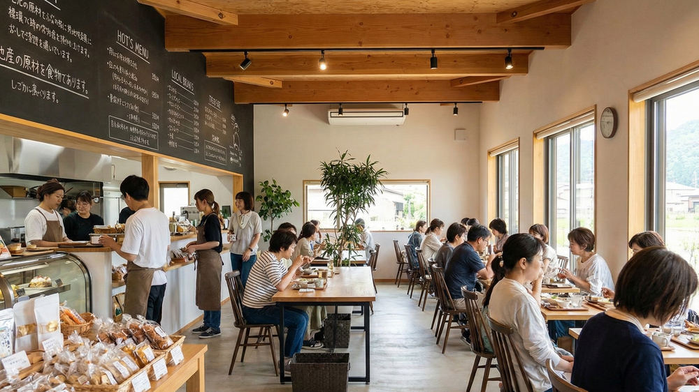 地方創生の目標である地域活性化のイメージ。地元の食材を活かした料理と、人々が集い賑わう拠点の様子。
