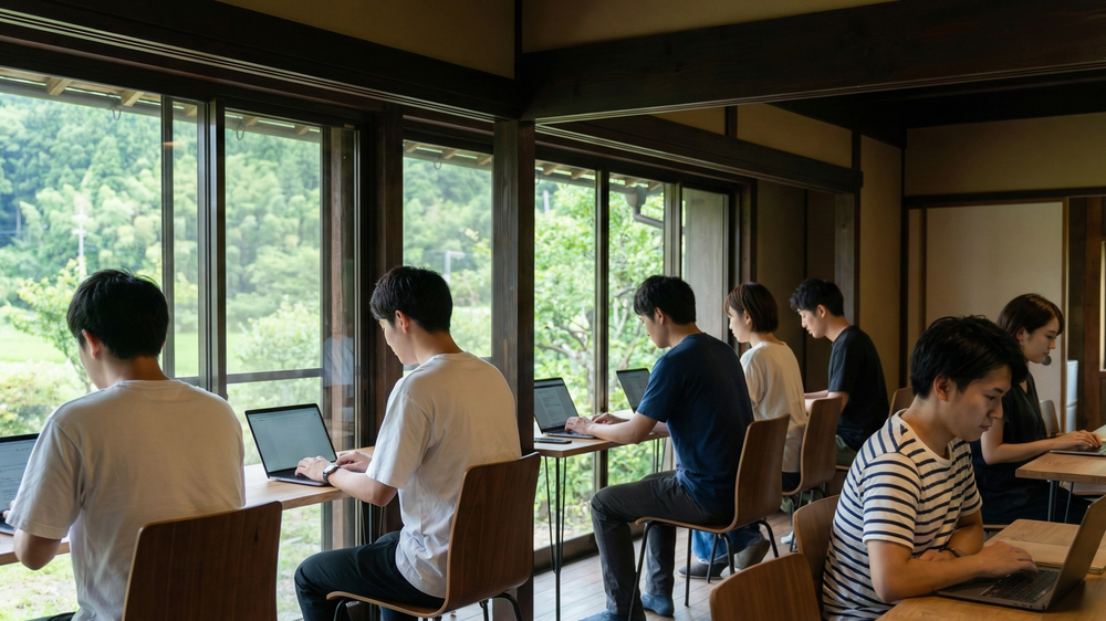 東京一極集中を回避する地方創生の取り組み。サテライトオフィスやコワーキングスペースで働く若者。