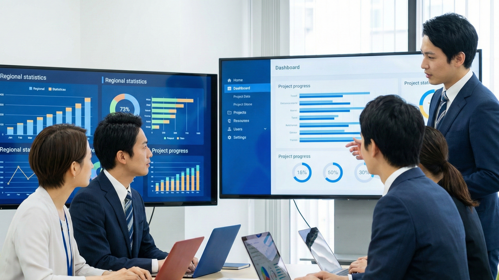 壁面の大型モニターに映し出された棒グラフや円グラフを指さし、会議テーブルで話し合う男女のグループ。