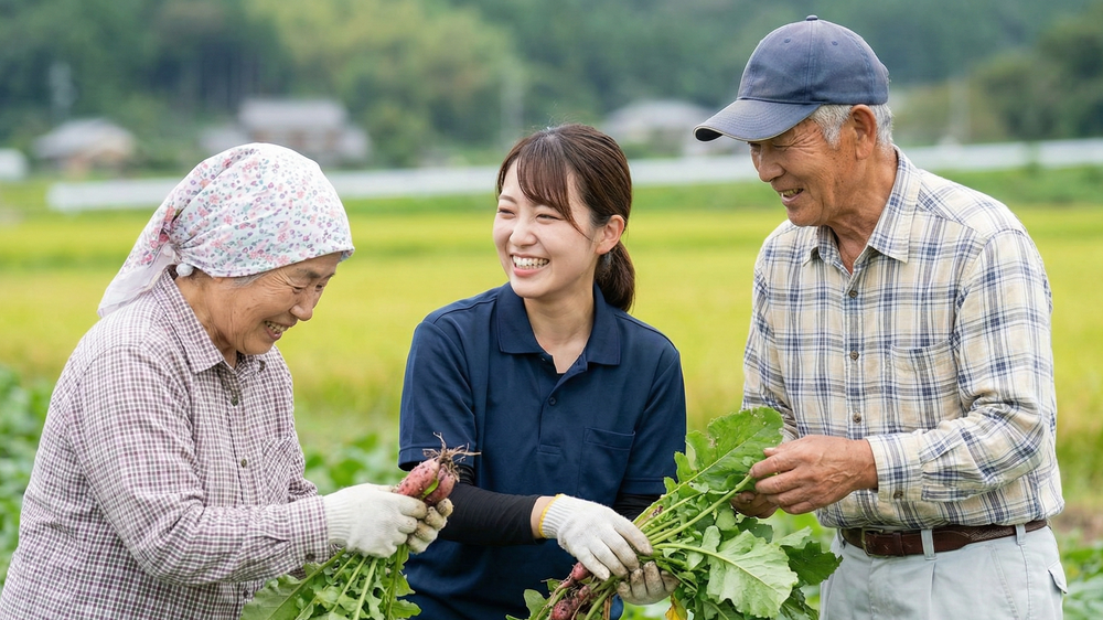 地方創生の成功に不可欠な地域コミュニティの形成。農業支援を通じた若者と高齢者の温かな交流風景。