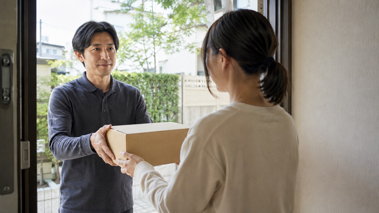 公式サイトで注文した酵素ゼリー「ビジョナーレ」が自宅に届く様子。迅速な配送をイメージさせる受け取りシーン。