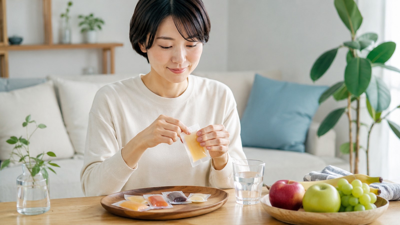 毎日の習慣にしやすい酵素ゼリーの摂取シーン。自然素材の酵素ゼリーをいつでも手軽に補給できる様子をイメージ。